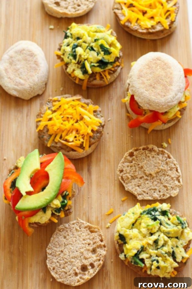 Turkey Sausage Sunrise Sandwiches 5 Six assembled turkey sausage breakfast sandwiches, ready for storage or eating, arranged on a baking sheet.