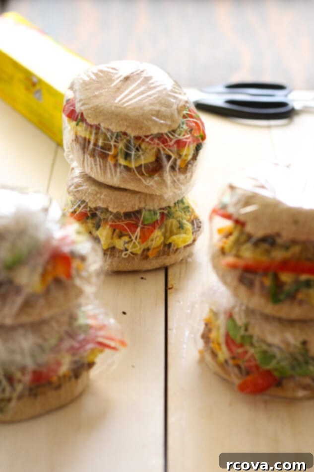 Turkey Sausage Sunrise Sandwiches 7 A stack of beautifully wrapped, freezer-ready turkey sausage breakfast sandwiches, ready for storage.