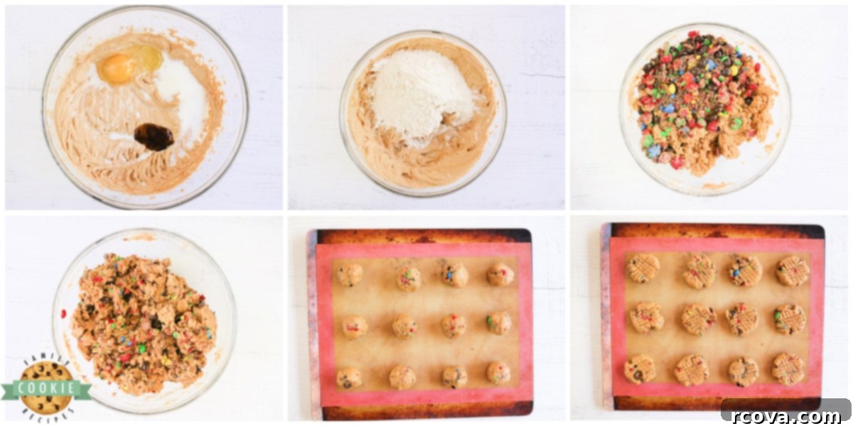Peanut Butter M&M Cookie Perfection 4 A step-by-step visual guide showing how to mix ingredients, form dough balls, and prepare Peanut Butter M&M Cookies for baking.