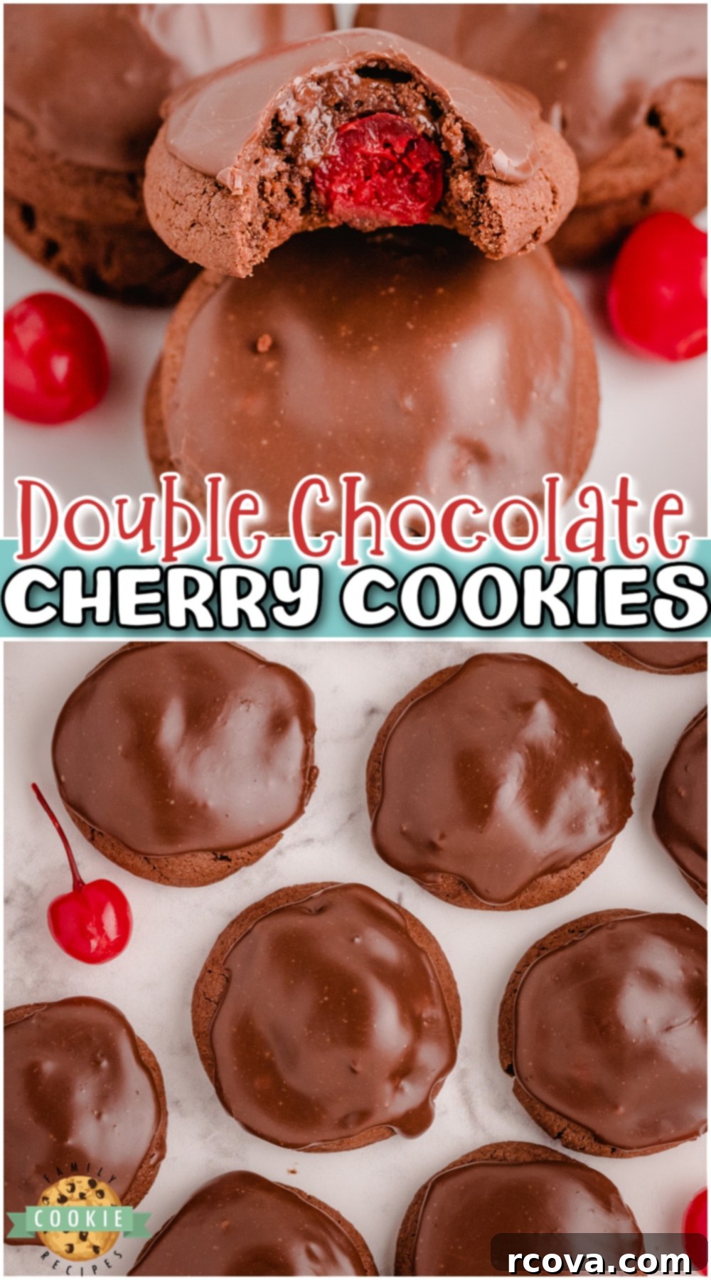 Decadent Double Chocolate Cherry Cookies 14 Double Chocolate Cherry Cookies are rich & chocolatey, with a cherry in middle and a delicious fudge topping on top! A Pinterest-ready image.