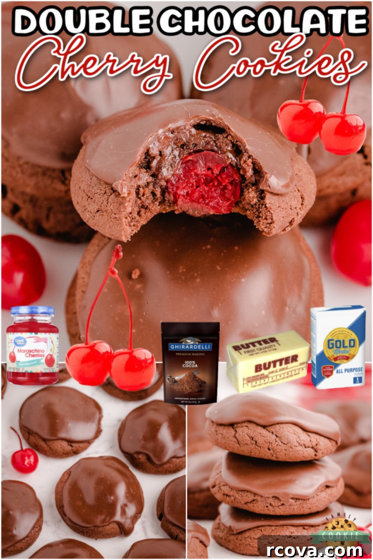 Decadent Double Chocolate Cherry Cookies 8 Double Chocolate Cherry Cookies are rich & chocolatey, with a cherry in middle and a delicious fudge topping on top! A collage of several cookies.
