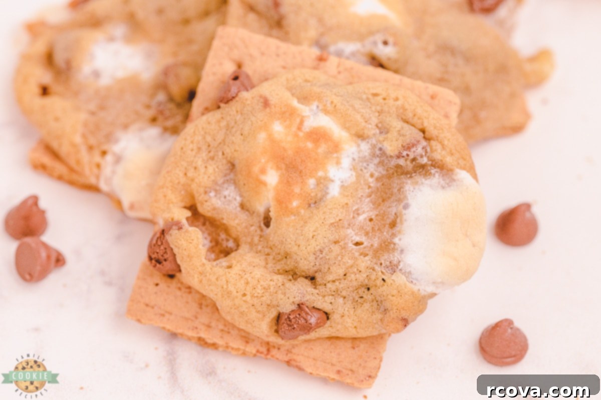 Chocolate Chip S'mores Cookies 2 Freshly baked s'mores chocolate chip cookies on a graham cracker base, ready to be enjoyed