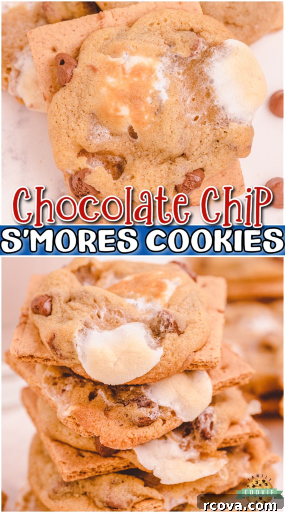 Chocolate Chip S'mores Cookies 14 A Pinterest-ready image of Chocolate Chip S’mores Cookies, soft, chewy, baked atop a graham cracker, topped with chocolate chips & marshmallows!