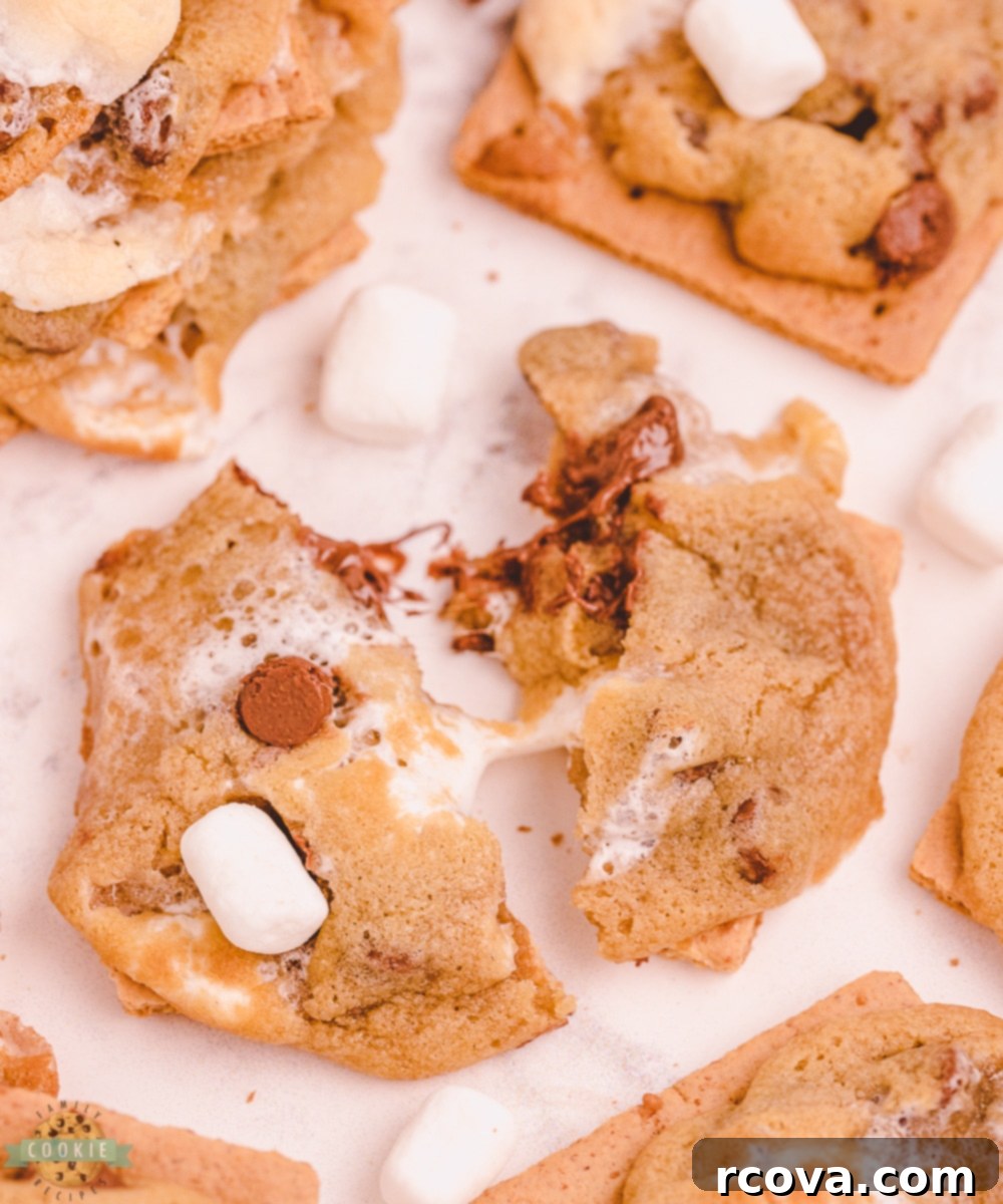 Chocolate Chip S'mores Cookies 4 Stack of freshly baked chocolate chip s'mores cookies, showcasing their rich texture