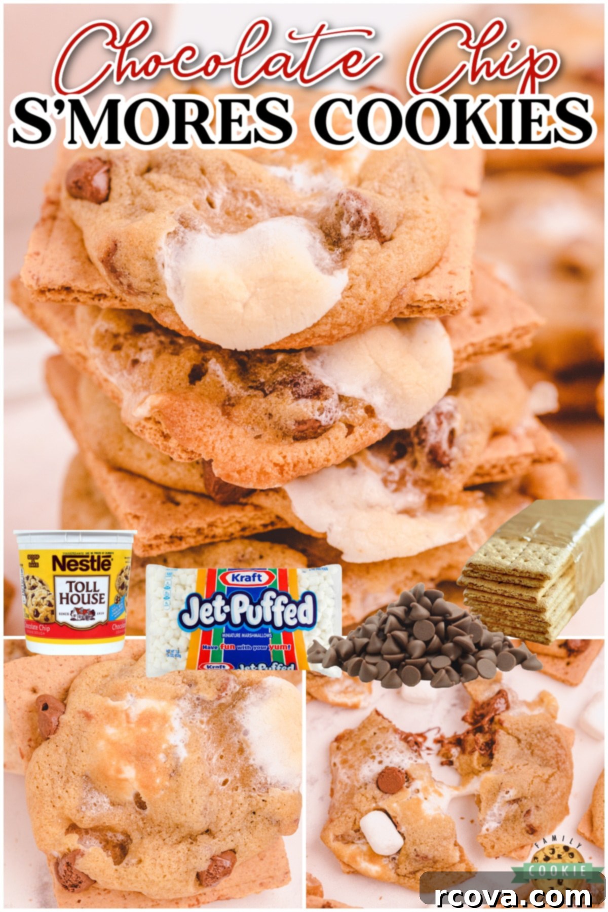Chocolate Chip S'mores Cookies 8 Chocolate Chip S’mores Cookies are soft, chewy chocolate chip cookies baked atop a graham cracker, then topped with chocolate chips & marshmallows! A visually appealing collage for sharing.