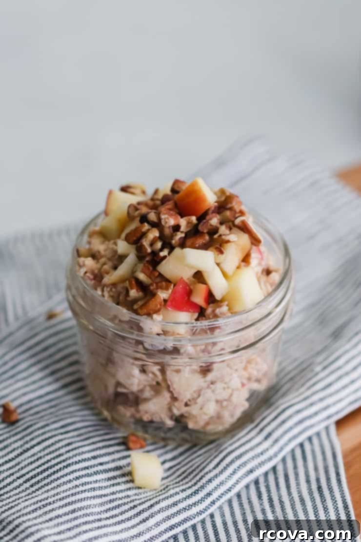 Effortless Apple Pie Overnight Oats with Apple Butter 3 Close-up of Apple Butter Overnight Oats, showing creamy texture and apple pieces.