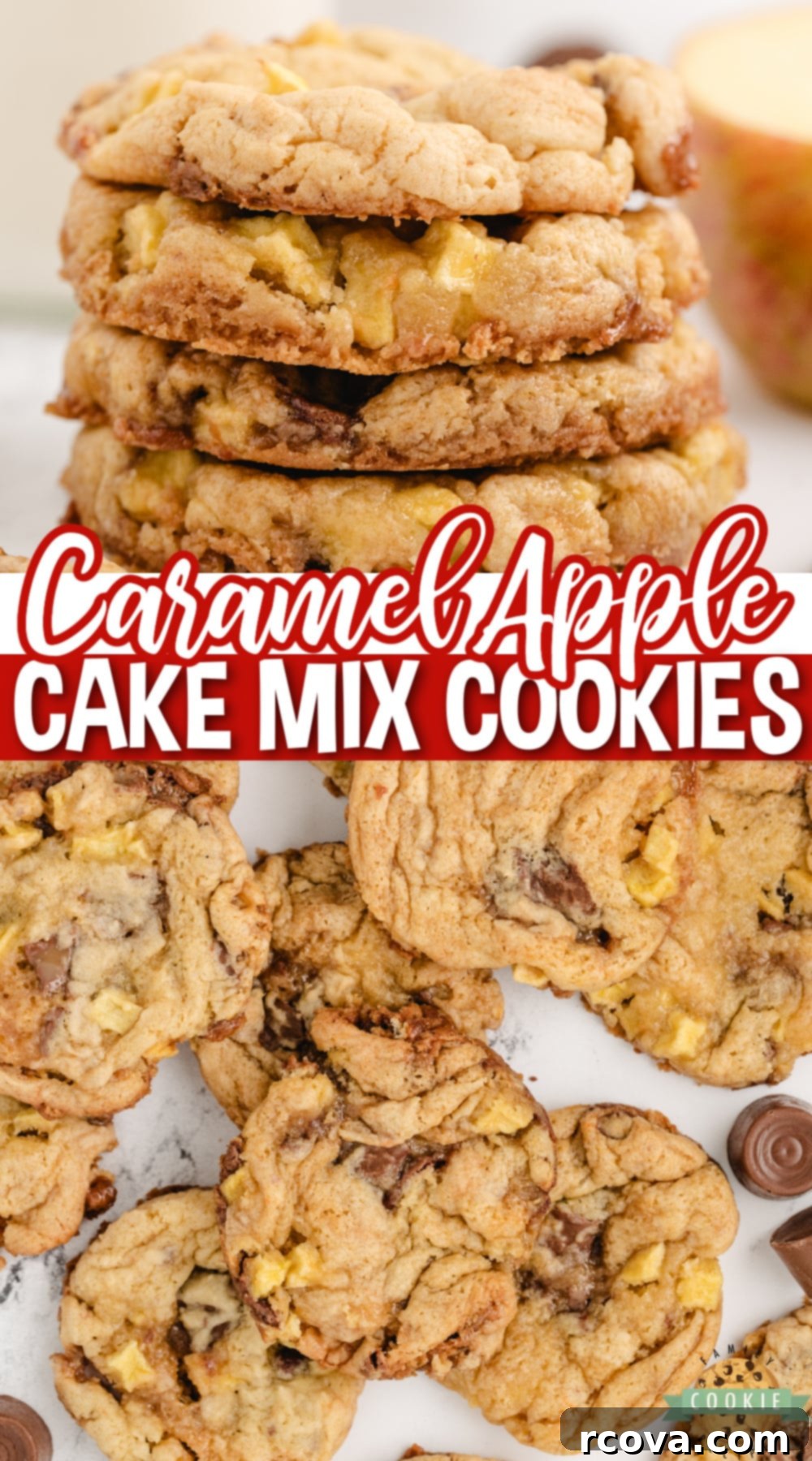 Irresistible Caramel Apple Cake Mix Cookies 13 A vibrant display of Caramel Apple Cake Mix Cookies, showcasing their appealing golden color, generous apple pieces, and gooey Rolo centers, perfect for fall.