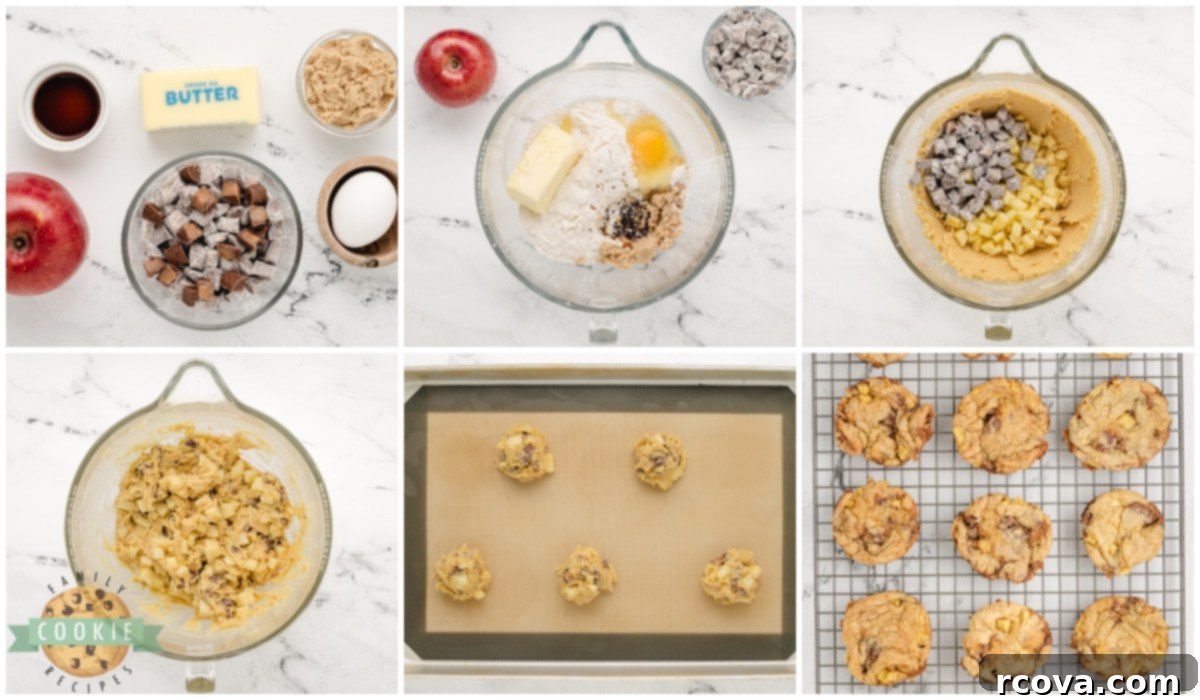 Irresistible Caramel Apple Cake Mix Cookies 7 A collage of step-by-step images showing the process of making Caramel Apple Cake Mix Cookies, from mixing ingredients to dropping dough onto a baking sheet.
