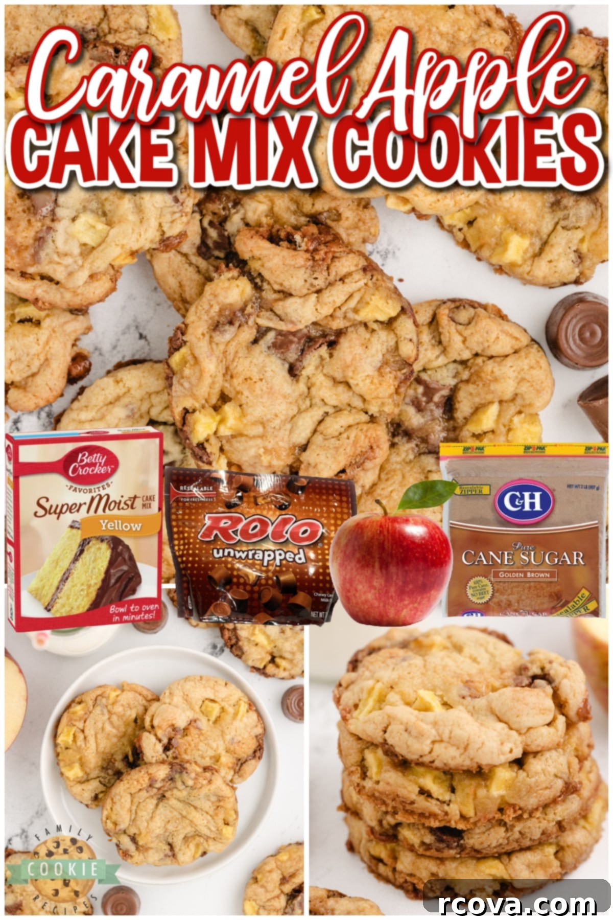 Irresistible Caramel Apple Cake Mix Cookies 8 A collage featuring various angles and close-ups of Caramel Apple Cake Mix Cookies, emphasizing their delicious appearance and ingredients.