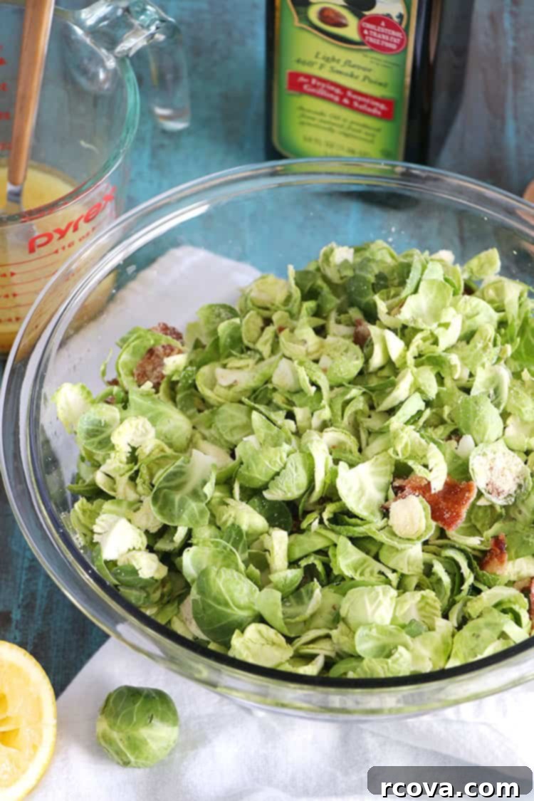 Golden Shallot & Smoky Bacon Brussels Sprouts Salad 4 A bowl of vibrant Brussels Sprouts Salad with crispy toppings