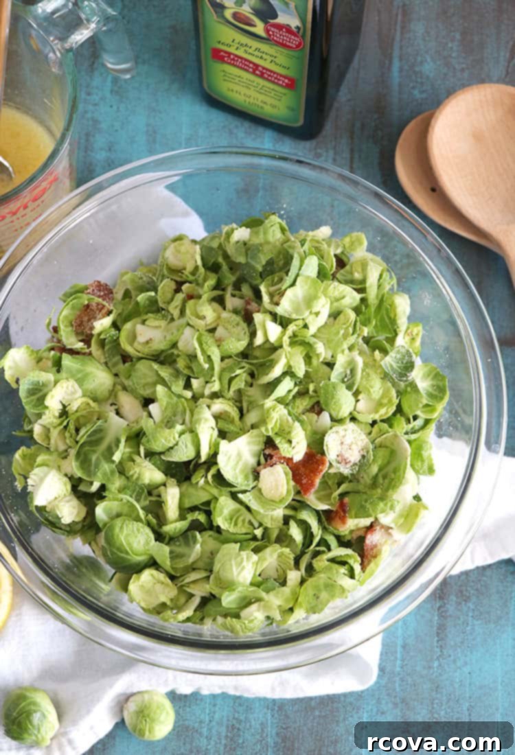 Golden Shallot & Smoky Bacon Brussels Sprouts Salad 5 Close-up of the shredded Brussels sprouts salad texture