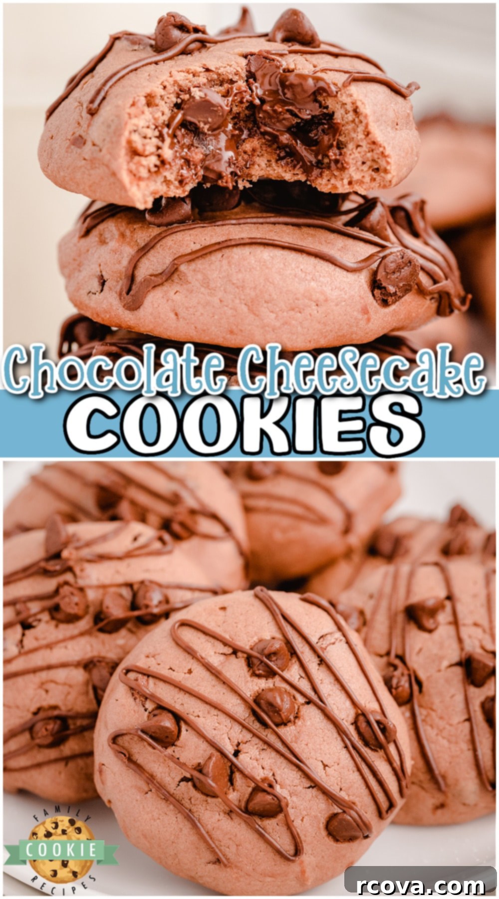 Luscious Chocolate Cheesecake Delights 12 Chocolate Cheesecake Cookies made with cream cheese & chocolate! Everything you love about cheesecake, in cookie form! Soft & chewy cheesecake cookies with 2x the chocolate!