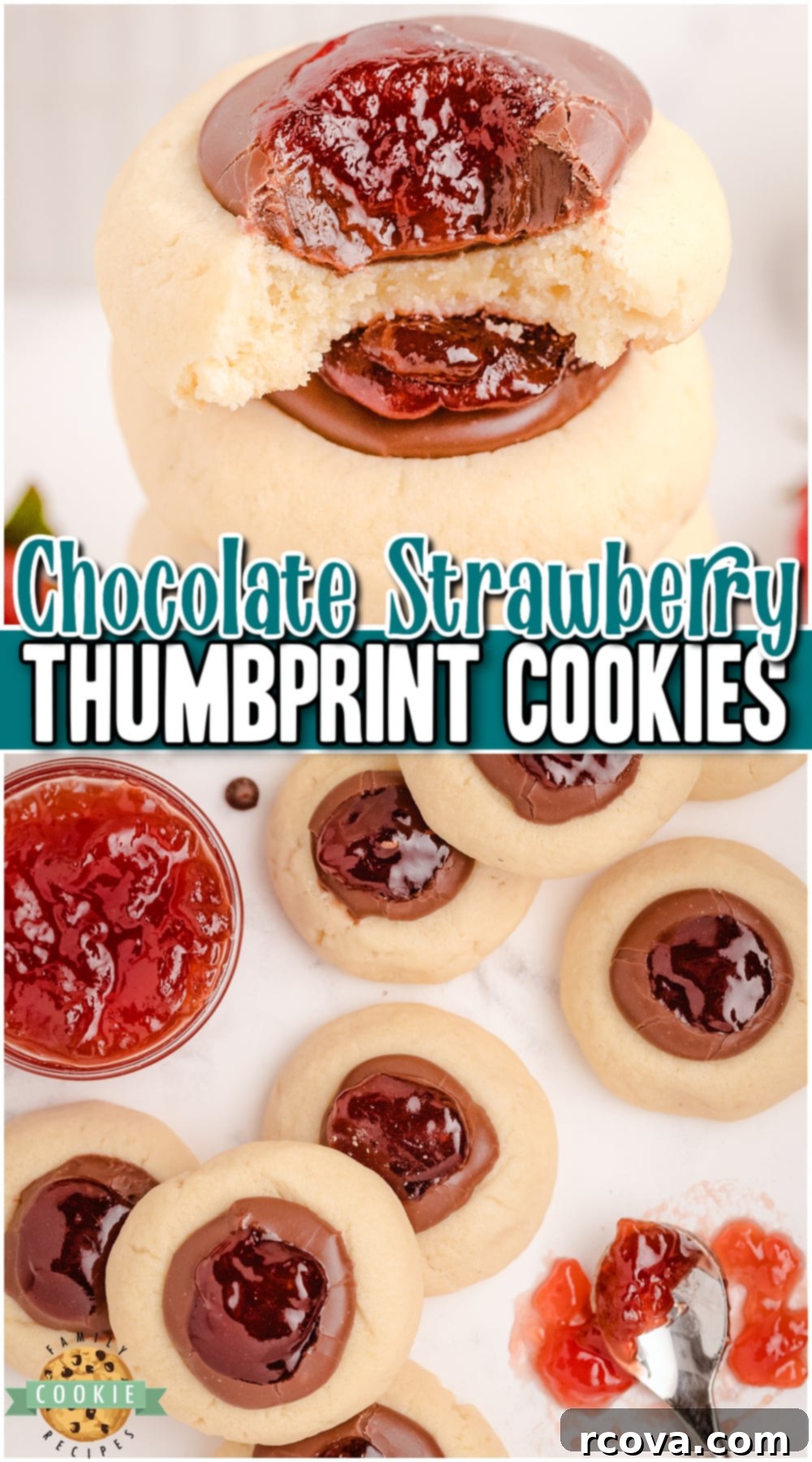 Decadent Strawberry Chocolate Thumbprints 11 Chocolate Strawberry Thumbprint Cookies made with a buttery cookie & topped with chocolate fudge & strawberry jam! It's a chocolate covered strawberry in cookie form!