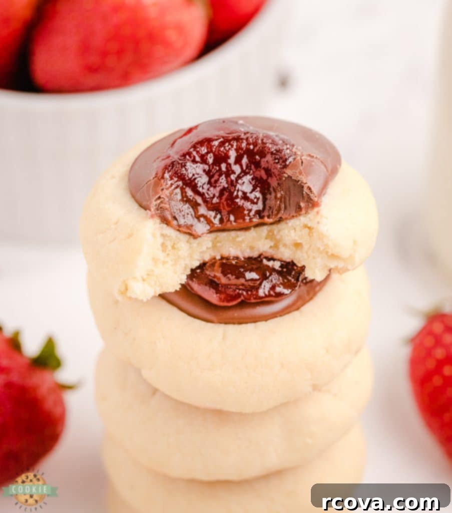 Decadent Strawberry Chocolate Thumbprints 3 stack of chocolate strawberry thumbprints