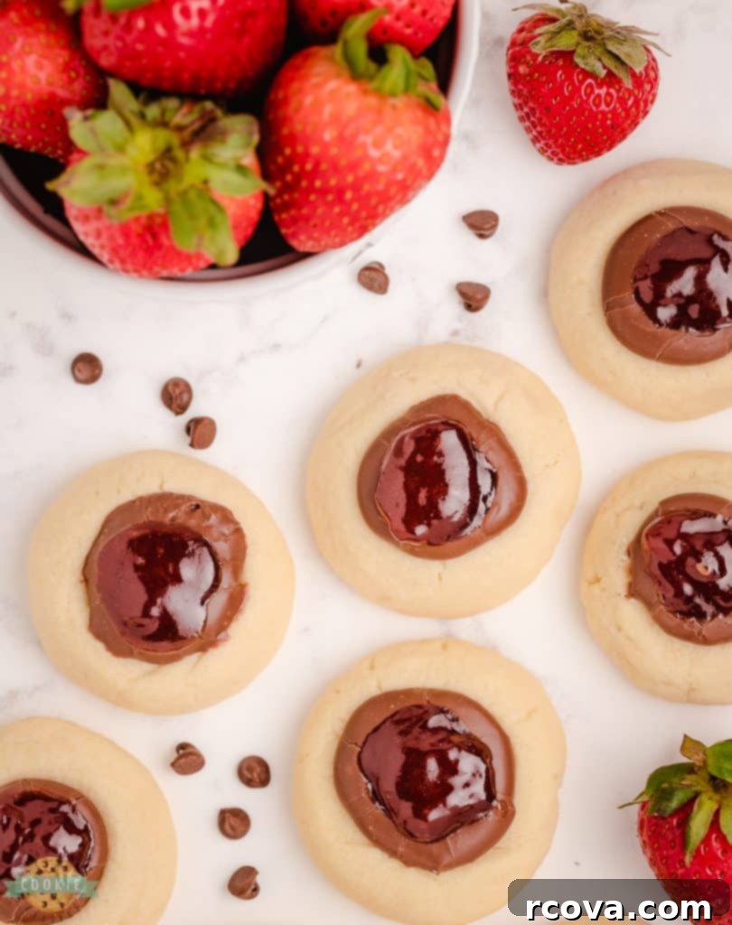 Decadent Strawberry Chocolate Thumbprints 5 strawberry jam cookies with chocolate
