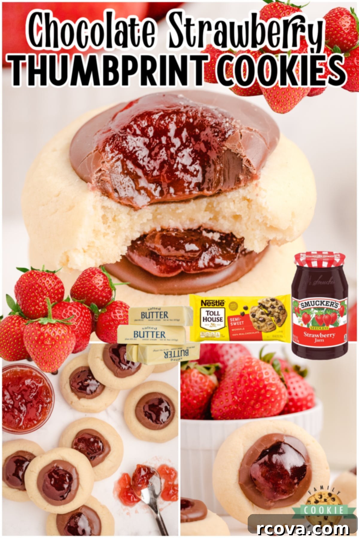 Decadent Strawberry Chocolate Thumbprints 8 Chocolate Strawberry Thumbprint Cookies made with a buttery cookie & topped with chocolate fudge & strawberry jam! It's a chocolate covered strawberry in cookie form!