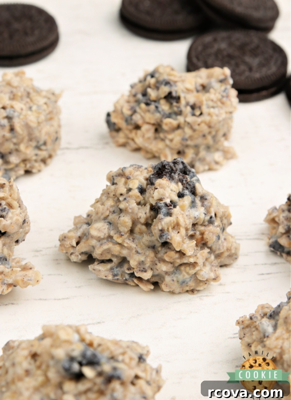 No-Bake Oreo Delights 3 Close-up of fluffy no-bake cookies made with crushed Oreos, ready to be served.