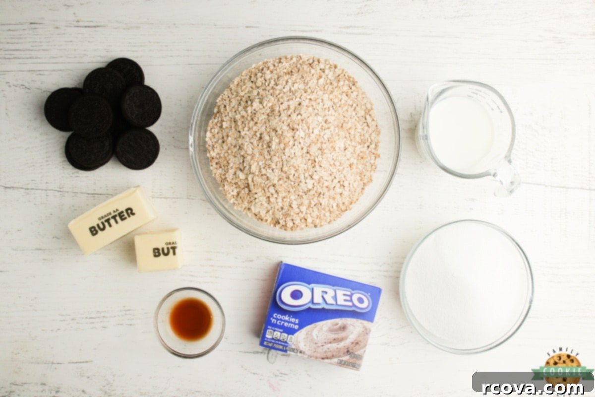 No-Bake Oreo Delights 4 Ingredients laid out for making Oreo No Bake Cookies, including oats, butter, sugar, milk, and pudding mix.