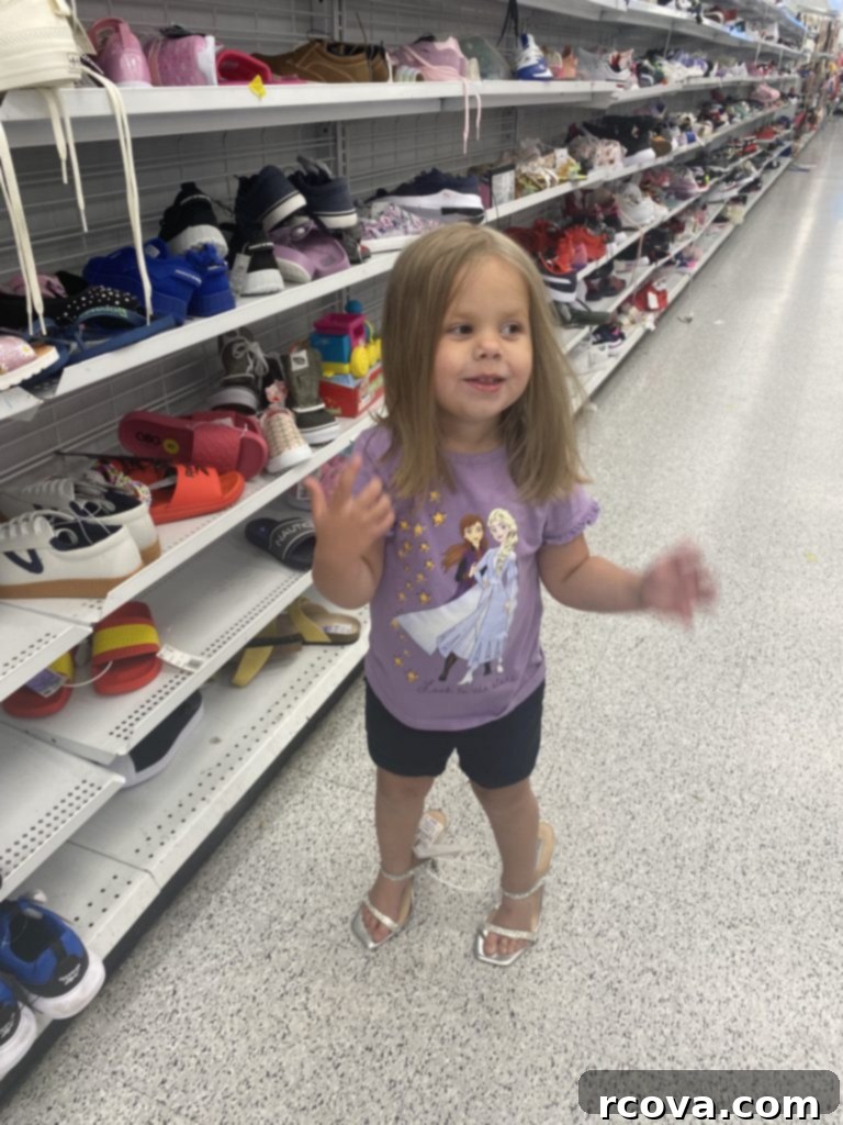 Peanut Butter Dream Squares 13 Little girl wearing sparkly high heels in a shoe store.