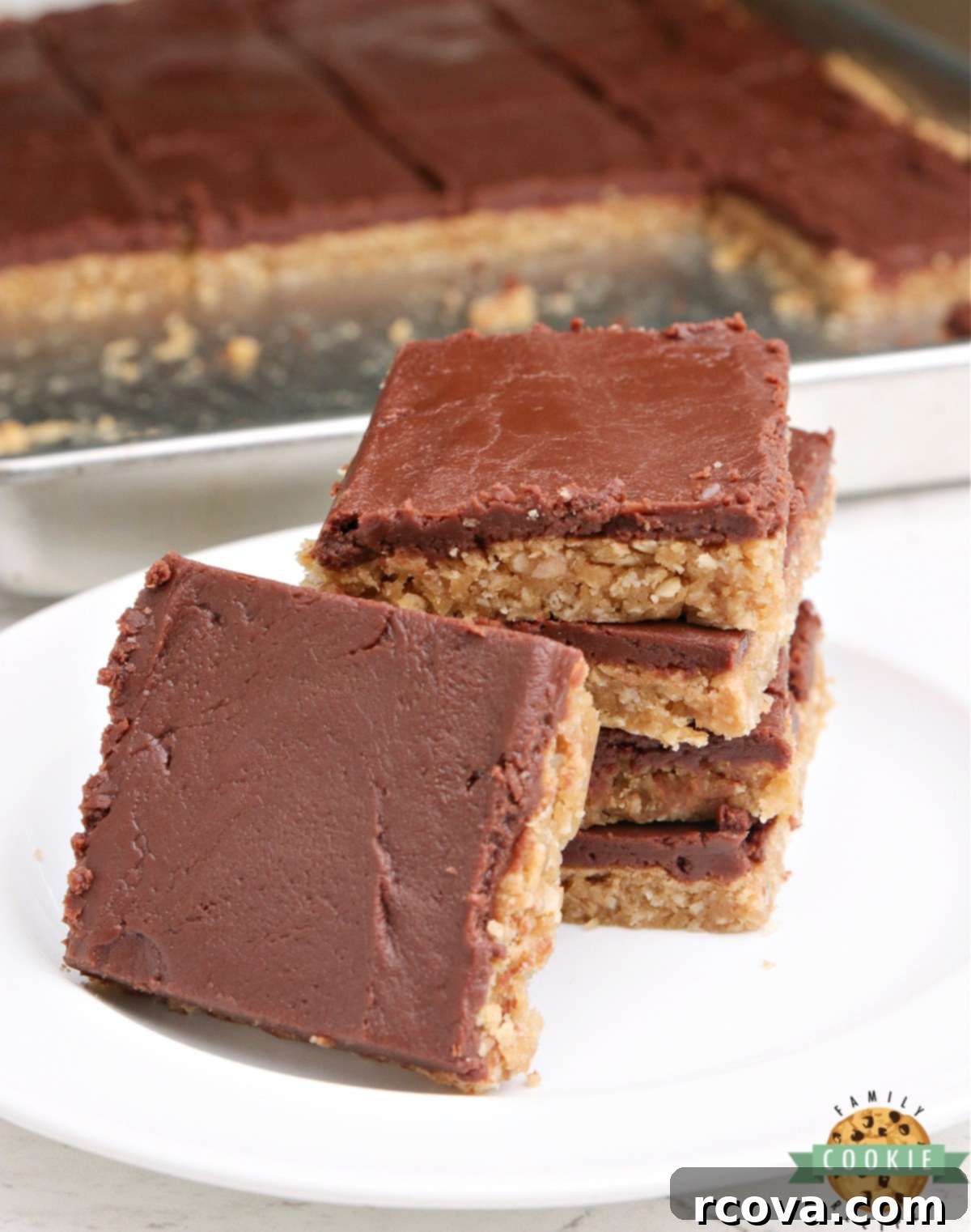 Peanut Butter Dream Squares 3 Close-up of freshly baked peanut butter bars topped with a thick layer of chocolate frosting.