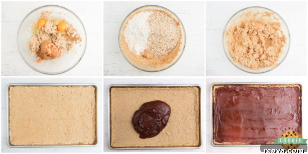 Peanut Butter Dream Squares 5 Step-by-step visual guide showing how to prepare peanut butter cookie bars.
