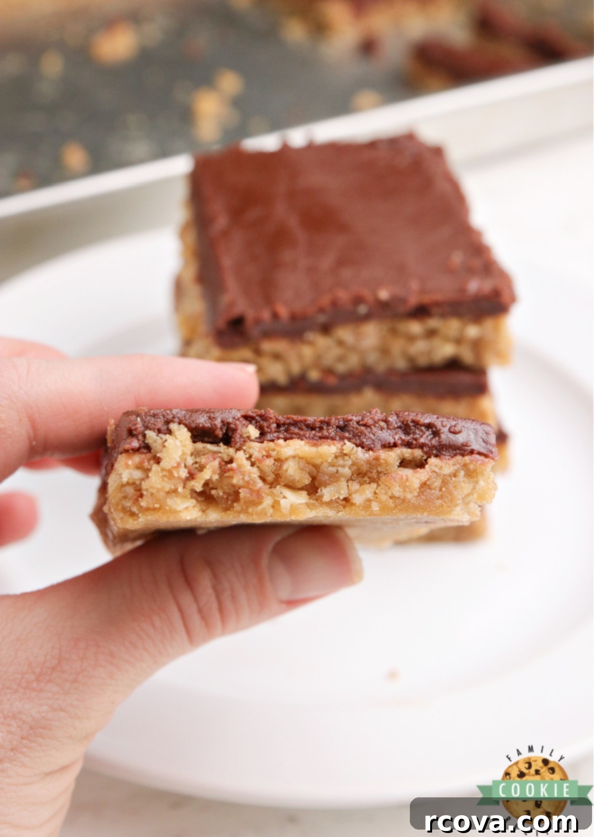 Peanut Butter Dream Squares 9 A square of peanut butter cookie bar with a perfect chocolate fudge frosting swirl.