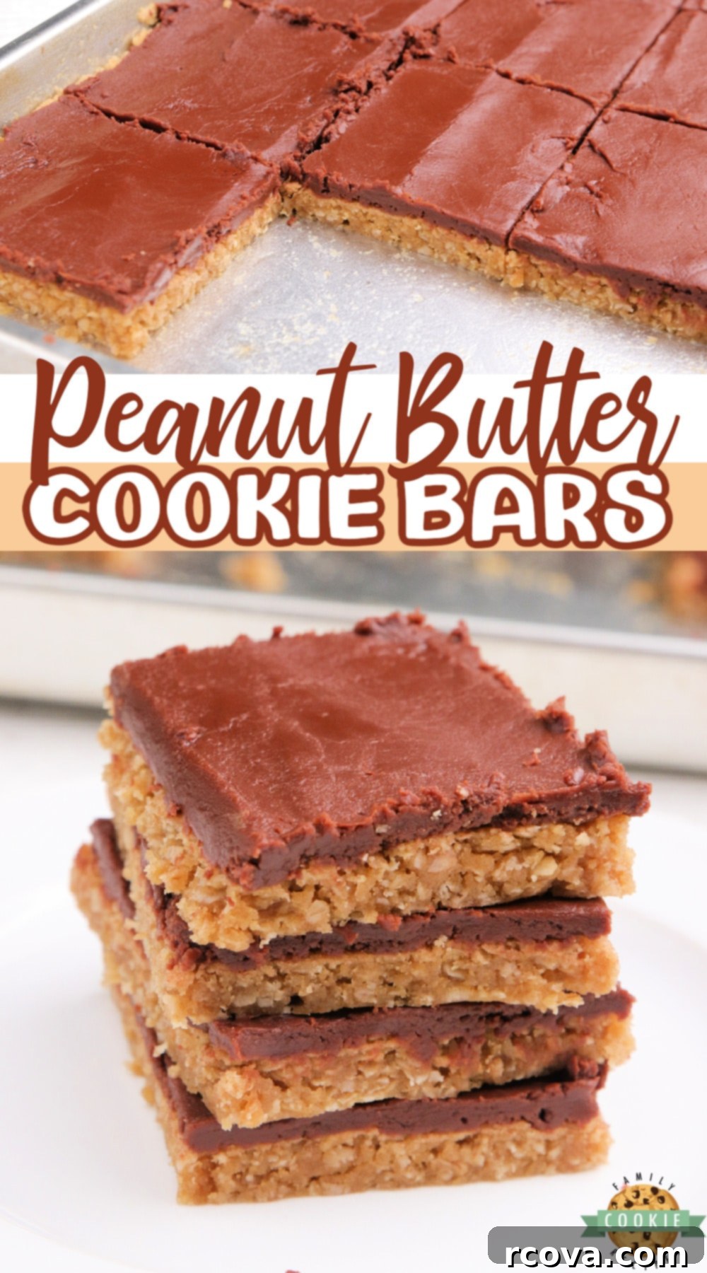 Peanut Butter Dream Squares 10 A stack of soft and chewy peanut butter cookie bars with chocolate fudge frosting.