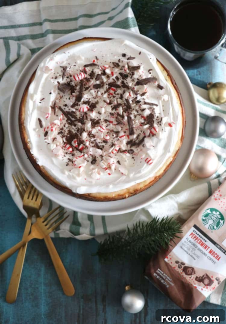 Peppermint Crunch Cheesecake 3 Full Crushed Peppermint Cheesecake on a stand, ready for serving