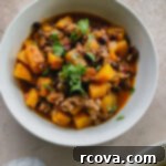 Hearty Butternut Squash Turkey Chili 4 A bowl of butternut squash turkey chili.