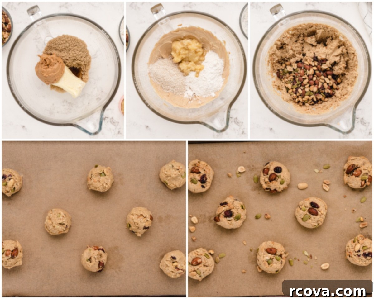 Trail Mix Peanut Butter Cookies: The Adventurous Bite 5 Ingredients for making trail mix peanut butter cookies laid out on a table.