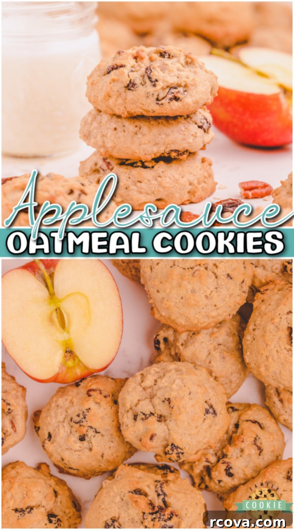 Wholesome Applesauce Oat Treats 12 Applesauce oatmeal cookies are packed with cinnamon spice, raisins, and chopped pecans in every bite! Soft, chewy oatmeal cookies with a wonderful flavor combination you're going to love!