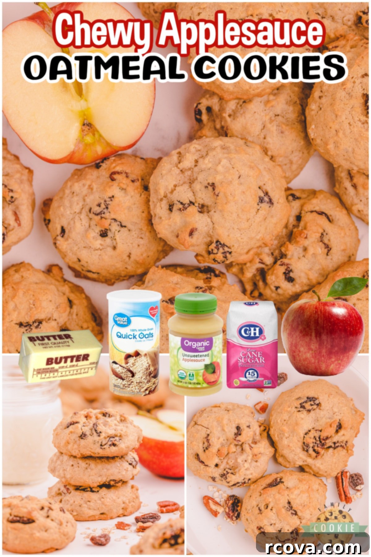 Wholesome Applesauce Oat Treats 6 Applesauce oatmeal cookies are packed with cinnamon spice, raisins, and chopped pecans in every bite! Soft, chewy oatmeal cookies with a wonderful flavor combination you're going to love!