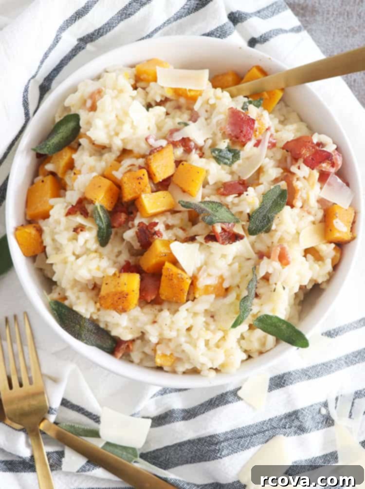 Creamy Butternut Risotto with Crispy Bacon and Aromatic Sage 2 Butternut Squash Risotto with Bacon and Crispy Sage served in a bowl, garnished with fresh sage leaves