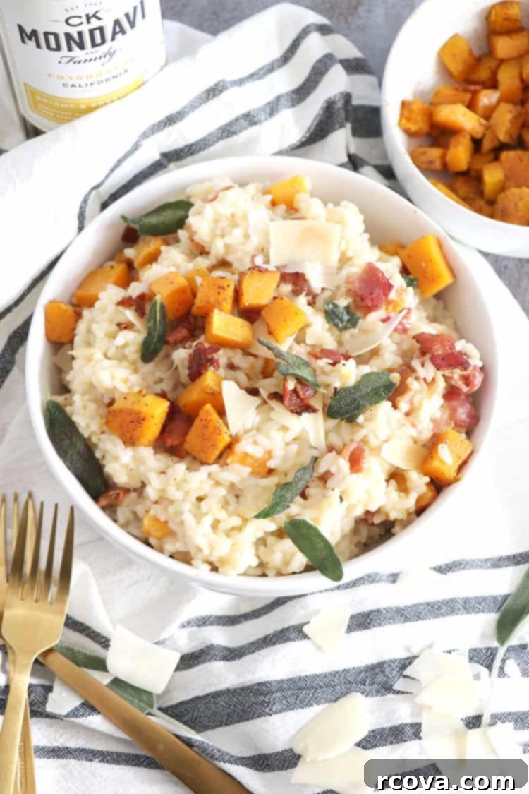 Creamy Butternut Risotto with Crispy Bacon and Aromatic Sage 3 Close-up of creamy Butternut Squash Risotto, showcasing its rich texture and colorful ingredients like squash and sage