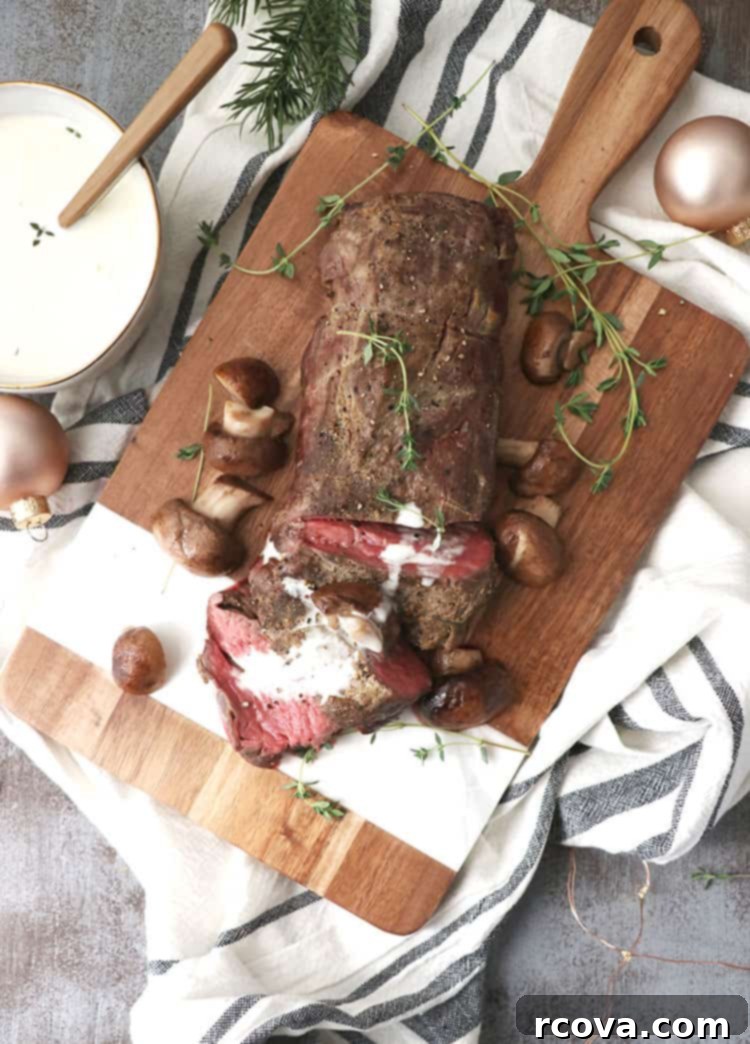 Roasted Beef Tenderloin with Velvety White Wine Cream 5 Sliced roasted beef tenderloin with a side of white wine cream sauce