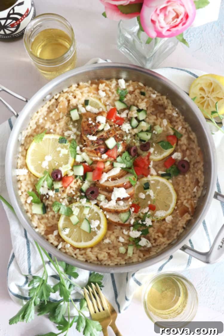 Zesty One-Pot Lemon Feta Chicken Risotto 2 Creamy One-Pot Greek Chicken Risotto with lemon slices and fresh dill