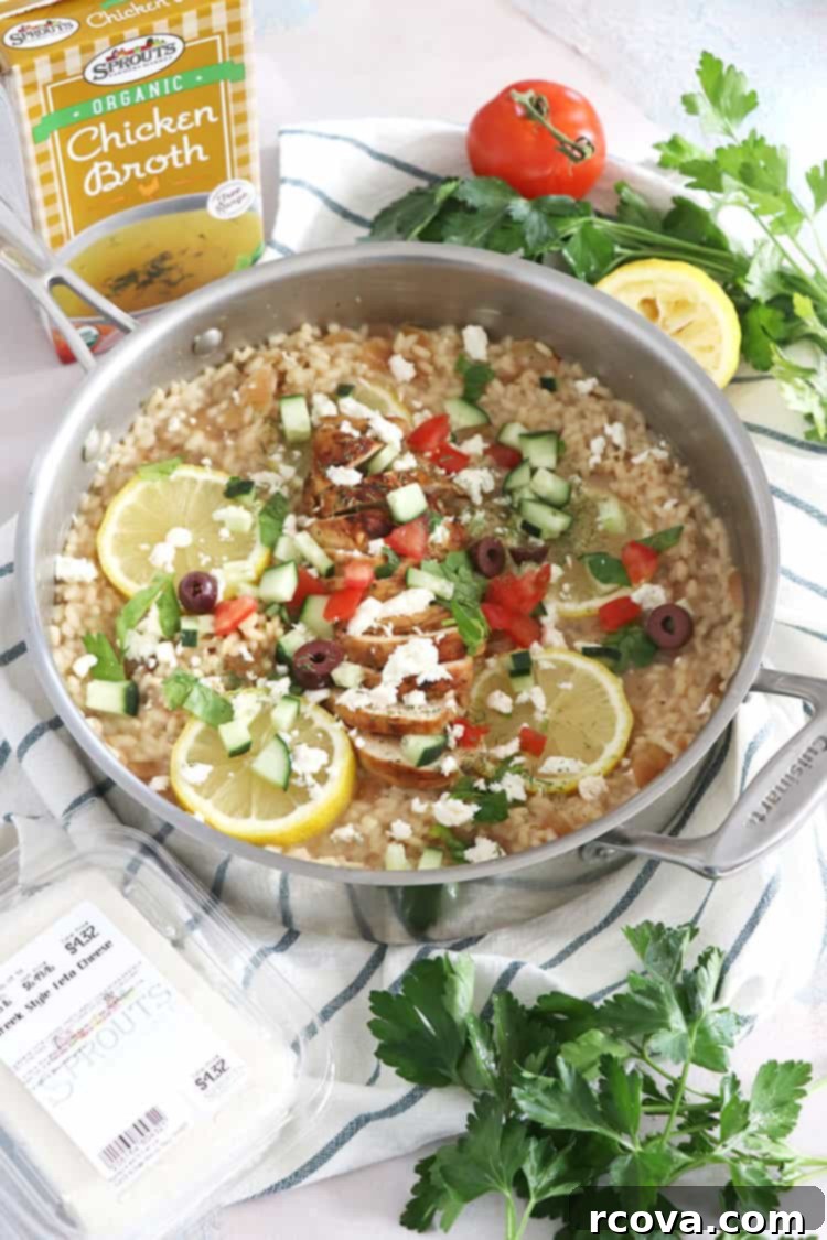 Zesty One-Pot Lemon Feta Chicken Risotto 4 Ingredients for Greek Chicken Risotto on a cutting board