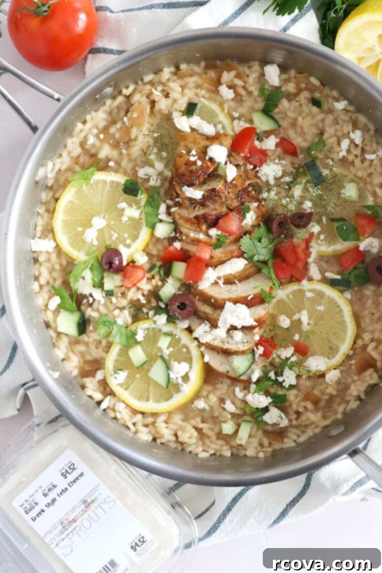 Zesty One-Pot Lemon Feta Chicken Risotto 5 Serving bowl of One-Pot Greek Lemon Chicken Risotto