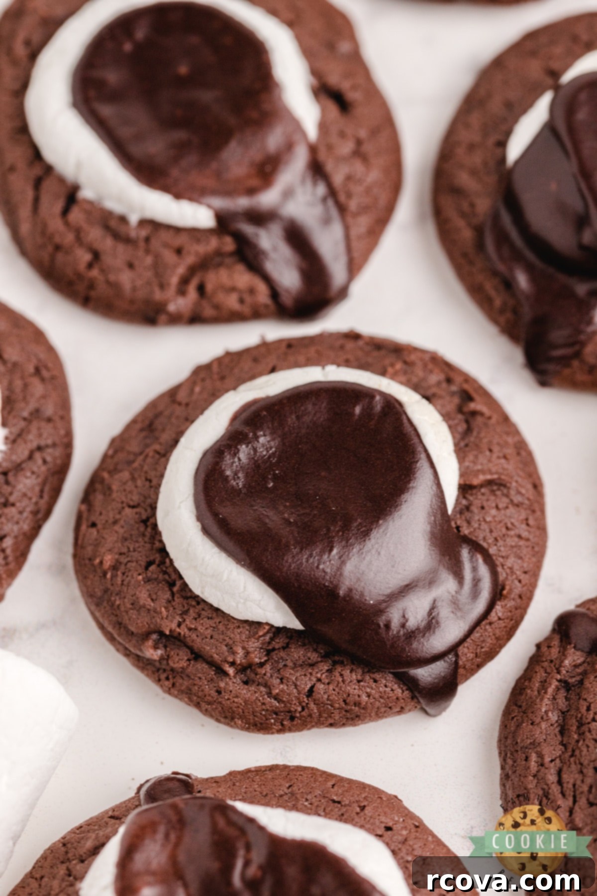 Gooey Chocolate Marshmallow Cookies 7 Close-up of thick chocolate marshmallow cookies with rich frosting