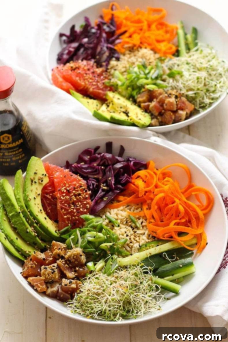 Simple Tuna Steak Poke Bowls 2 Vibrant Tuna Steak Poke Bowl with Fresh Vegetables and Habanero Sauce