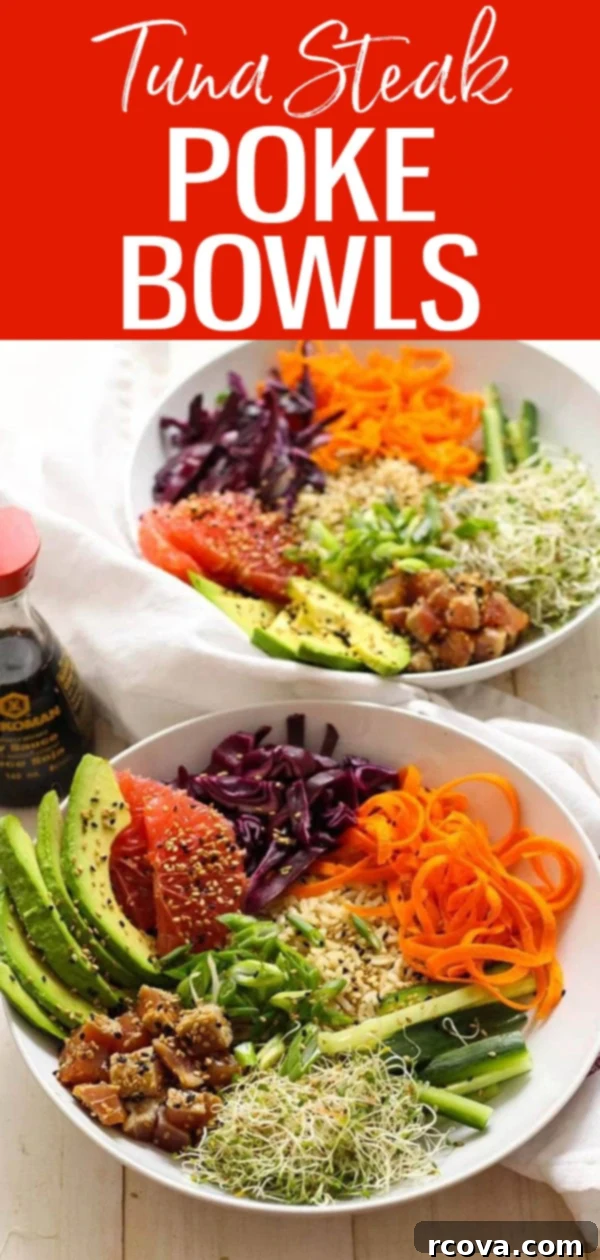 Simple Tuna Steak Poke Bowls 10 Delicious and healthy Seared Tuna Poke Bowls with spicy habanero sauce and fresh ingredients. Perfect for meal prep and a quick, flavorful lunch or dinner! #tunasteak #pokebowls #healthyrecipe #mealprep #habanerosauce