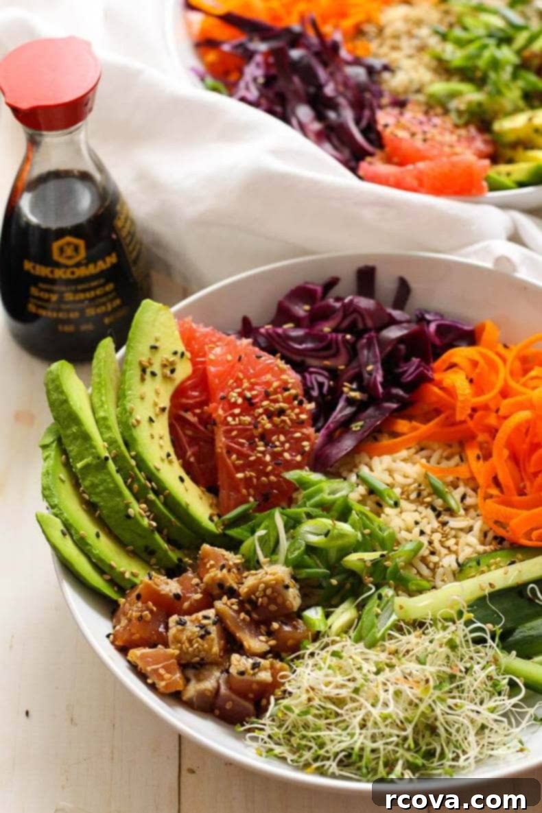 Simple Tuna Steak Poke Bowls 5 Close-up of Seared Tuna Steak on a Poke Bowl