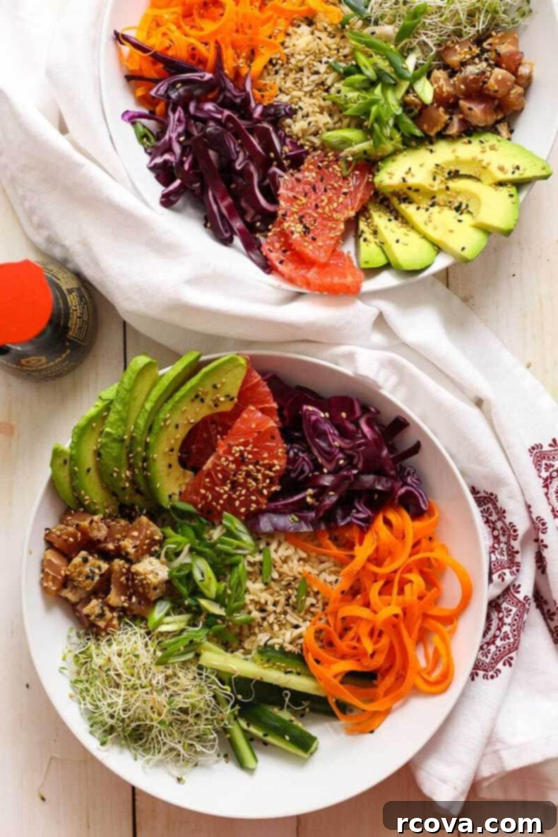 Simple Tuna Steak Poke Bowls 6 Ingredients for Tuna Steak Poke Bowl laid out