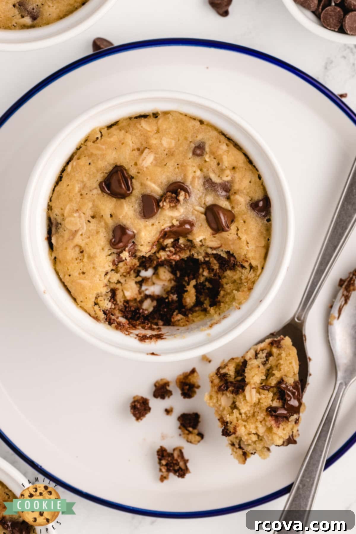 Easy Microwave Oatmeal Chocolate Chip Cookies 3 Delicious individual chocolate chip oatmeal cookies cooked in a mug, showcasing their soft and chewy texture.