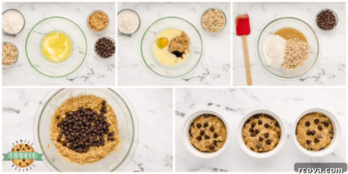 Easy Microwave Oatmeal Chocolate Chip Cookies 5 Step-by-step assembly of ingredients for making Oatmeal Chocolate Chip Cookies quickly in the microwave, demonstrating the ease of preparation.