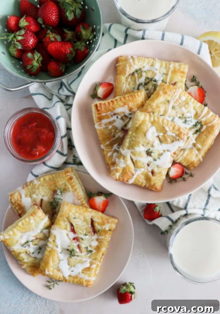 Strawberry Thyme Chevre Pockets 5 Several strawberry, thyme, and goat cheese hand pies arranged on a cooling rack.