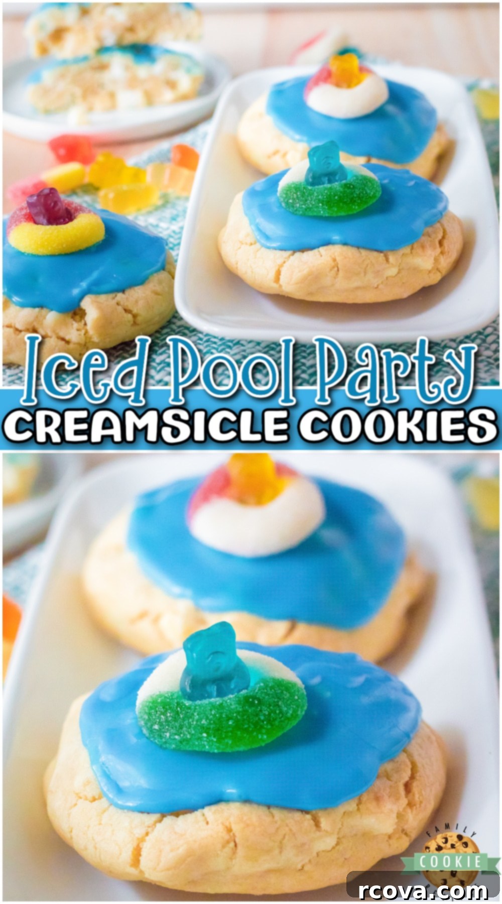 Poolside Cookie Bliss 12 Pin for Pool Party Cookies recipe: fun, festive, chewy creamsicle cookies with blue icing and gummy bear