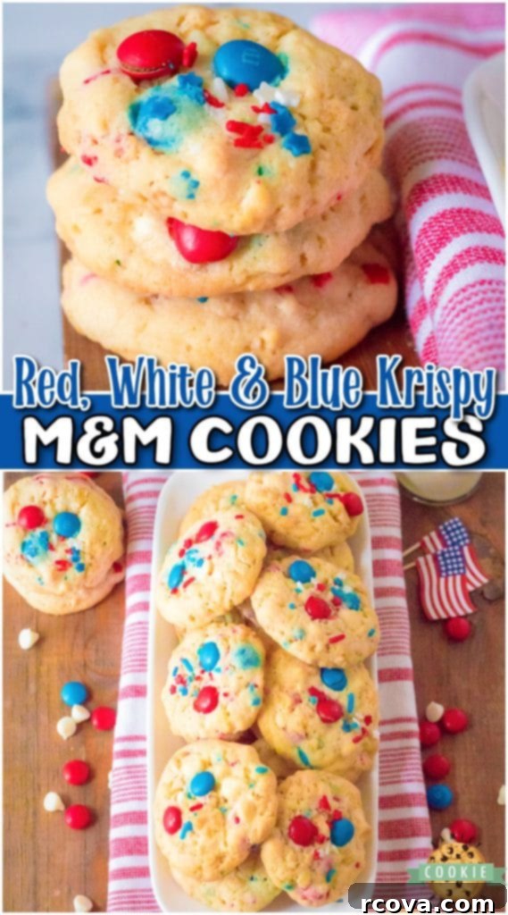 Crispy MM Independence Day Cookies 11 Final image of Krispy M&M 4th of July Cookies, soft & chewy with M&M's, white chocolate & Rice Krispies, perfect for the holiday dessert table.