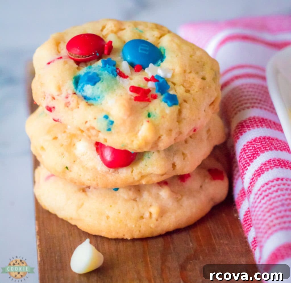 Crispy MM Independence Day Cookies 3 Stacked red, white, and blue M&M cookies with Rice Krispies for a patriotic dessert