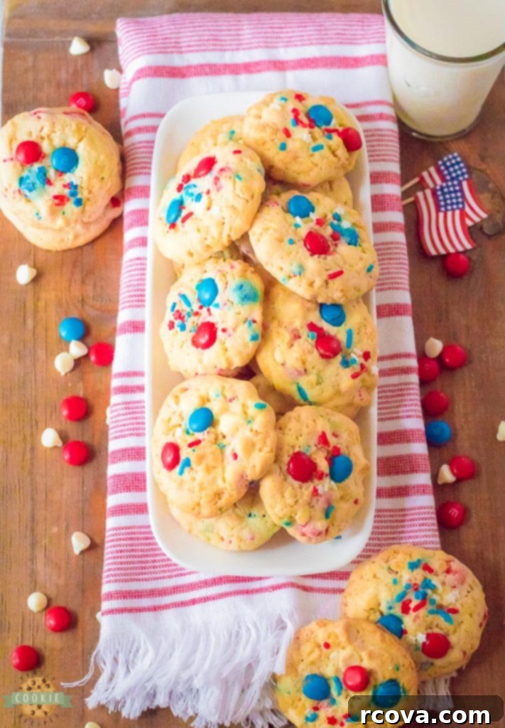 Crispy MM Independence Day Cookies 4 Close-up of patriotic M&M cookies with Rice Krispies for 4th of July